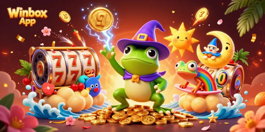 Winbox App brings excitement to online gaming with vibrant visuals of lucky symbols and colorful characters.