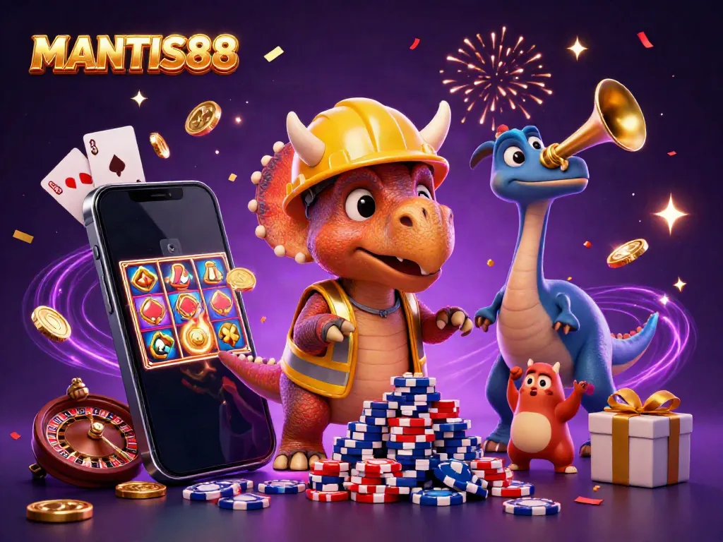 MANTIS88's 3D illustration of a triceratops building poker chips while celebrating a slot game win.