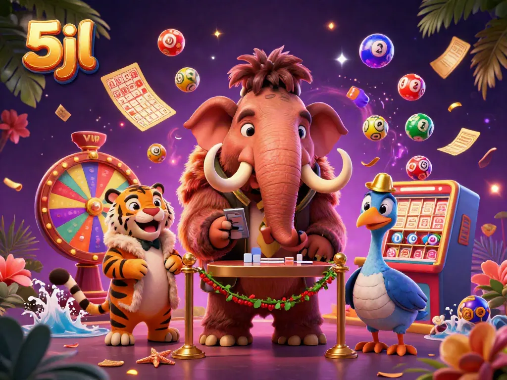 Engage with 5jl's vibrant casino promotion featuring a mammoth bouncer and VIP animals in a lively scene.