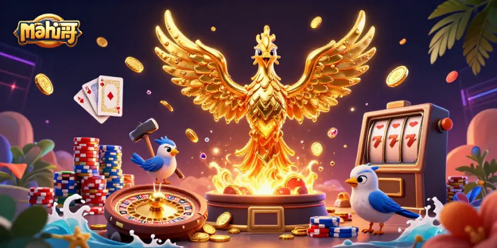 Permainan mahjong yang mendebarkan, menampilkan karakter phoenix emas dan elemen kasino yang memukau.