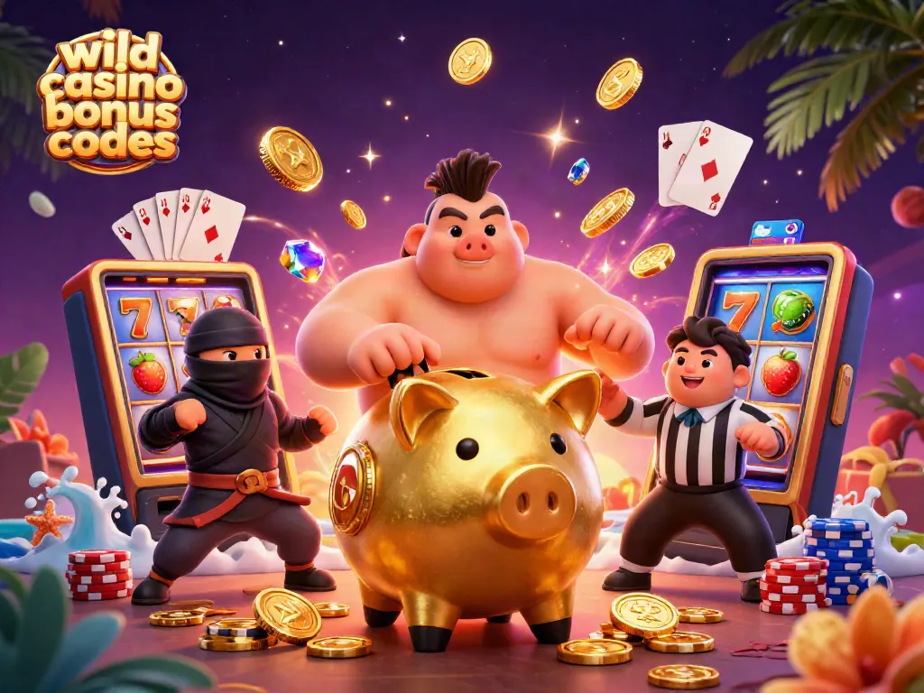 Experience wild casino bonus codes with dynamic gaming elements and characters in a vibrant 3D scene.