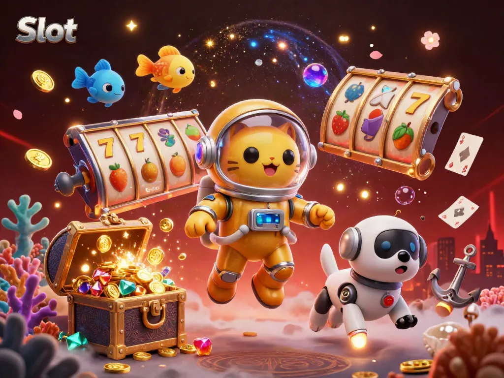 Experience thrilling slots action with a dynamic scene featuring a space cat, robot dog, and gold coins.