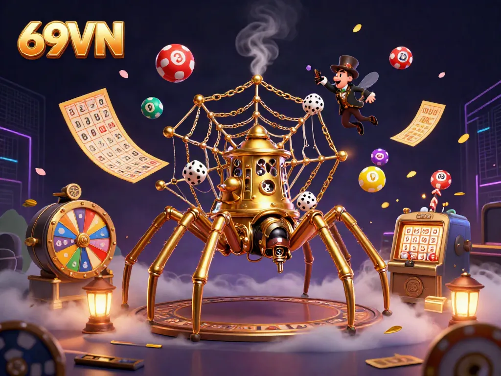 Engage with the thrilling world of 69VN as a steampunk spider weaves its web of luck amid colorful lottery elements.