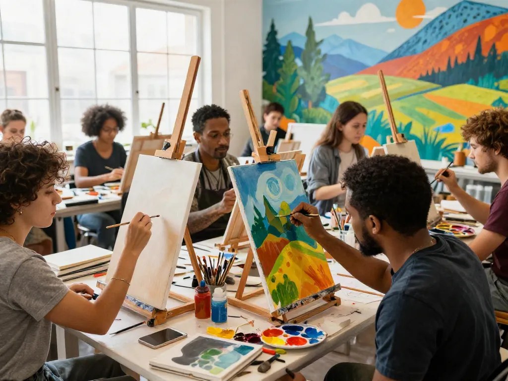 Workshop seni di https://artstudiocb.com/accessibility/ dengan beragam seniman berkarya kolaboratif.