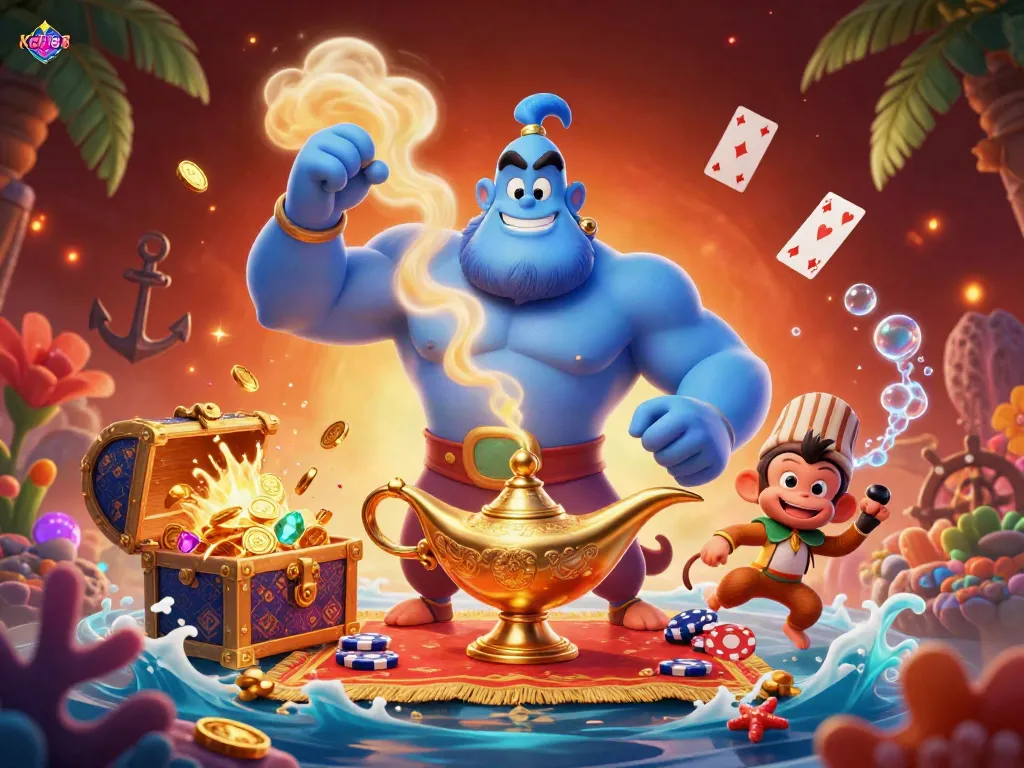 Kubet 88 brings excitement with a genie, treasures, and poker chips in a vibrant casino scene.