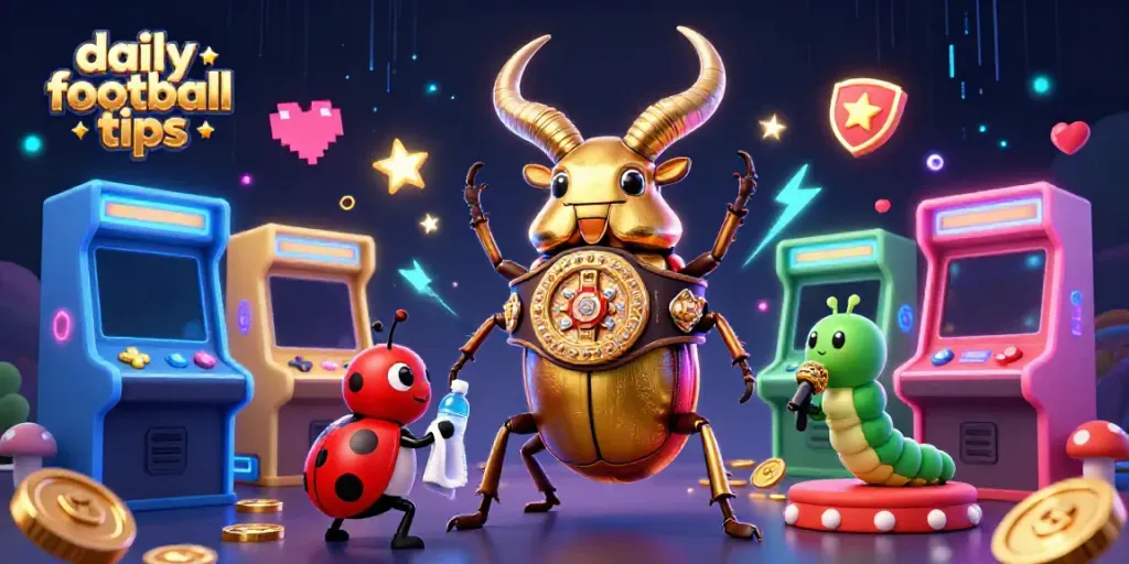 Engage with daily football tips featuring a vibrant illustration of a boxing beetle and a miniature corner-man in a dynamic casino setting.