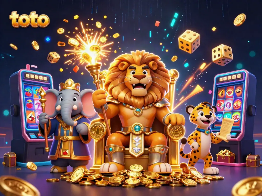 Experience the action in toto with a fierce lion king and vibrant casino elements.
