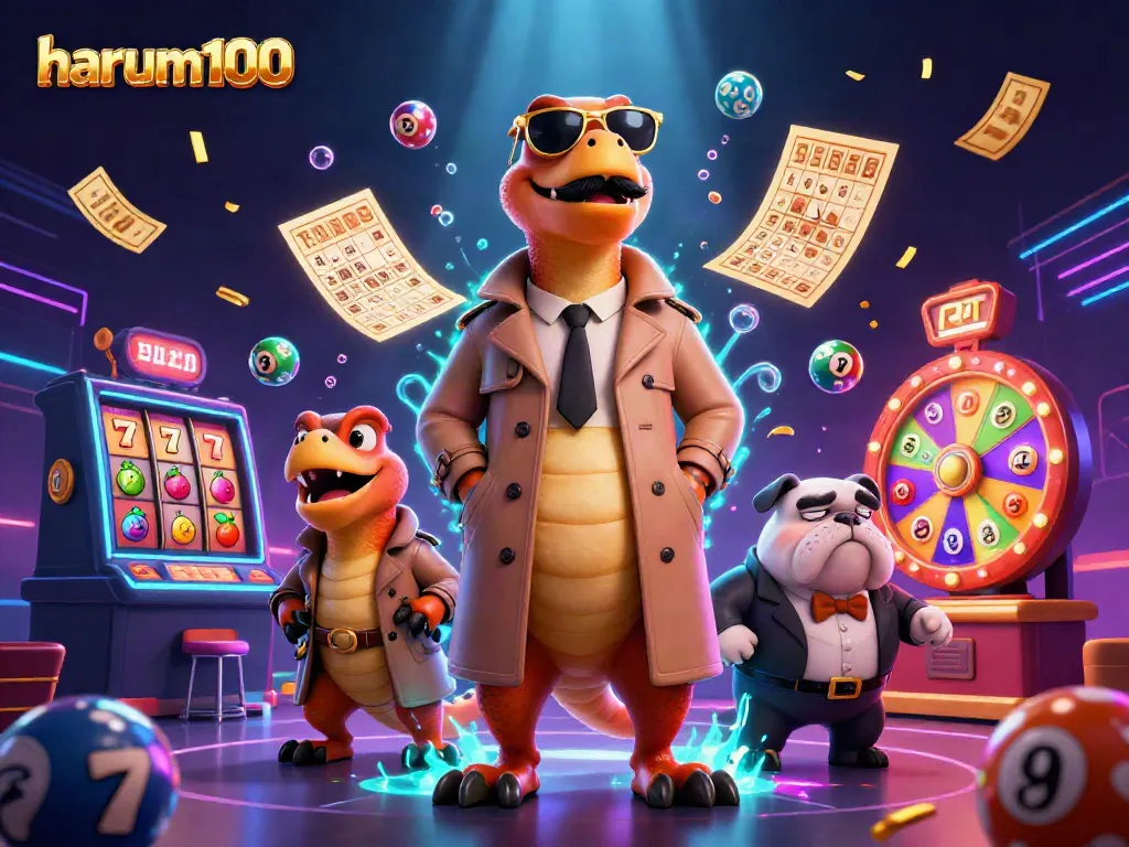 Ilustrasi kasino 3D menunjukkan raptors dalam trench coat di depan bouncer, menyebarkan bola lotere harum100.