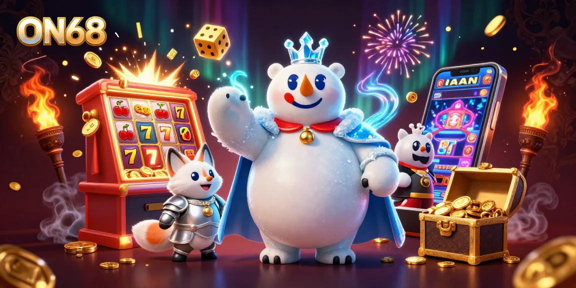 Experience thrilling gaming at ON68 with a vibrant jackpot scene featuring a 3D polar bear and fox.