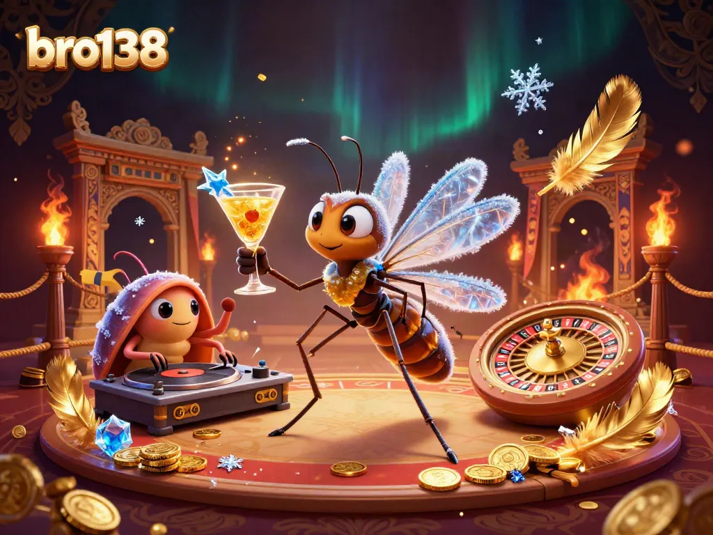 Experience the excitement of bro138 with a vibrant casino-themed 3D illustration showcasing unique characters and gaming elements.
