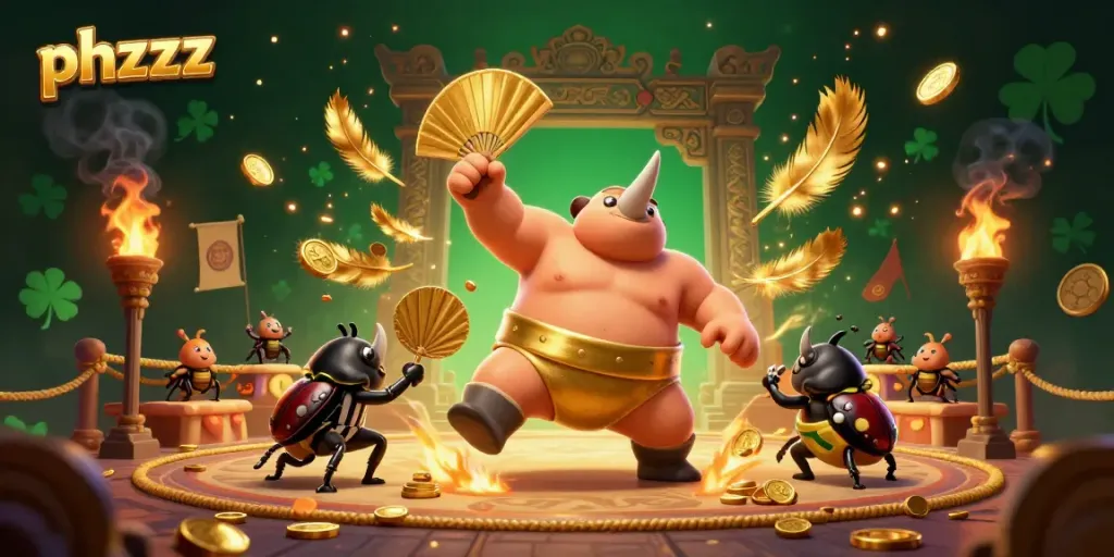 Experience the excitement of phzzz gaming with a powerful beetle champion amidst gold coins and vibrant betting elements
