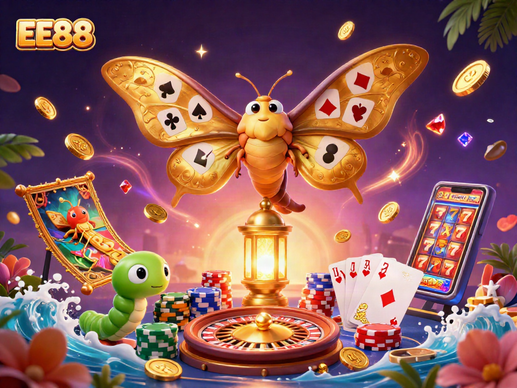 Experience the excitement of EE88 with vibrant casino elements like golden coins and a spinning roulette wheel.