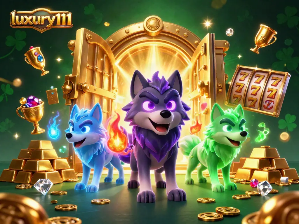 Experience thrilling gameplay with luxury111 in a vibrant casino scene filled with treasures and slot machines.