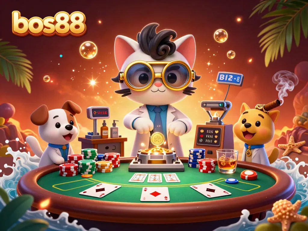 Memenangkan permainan di bos88 dengan kartu remi dan tumpukan chip poker berwarna-warni, ilustrasi 3D yang kaya