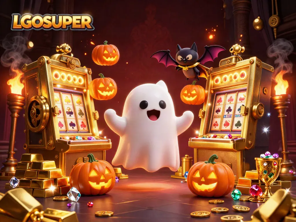 Engage with LGOSUPER as the friendly ghost cat haunts a vibrant casino scene full of treasures.