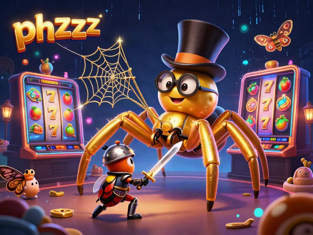 Experience thrilling slots with phzzz, featuring vibrant golden symbols, a tarantula, and dynamic game elements.