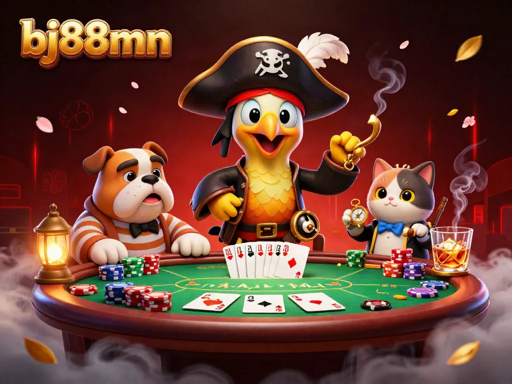Experience vibrant gambling excitement with bj88mn's animated casino scene featuring fun characters and poker action.
