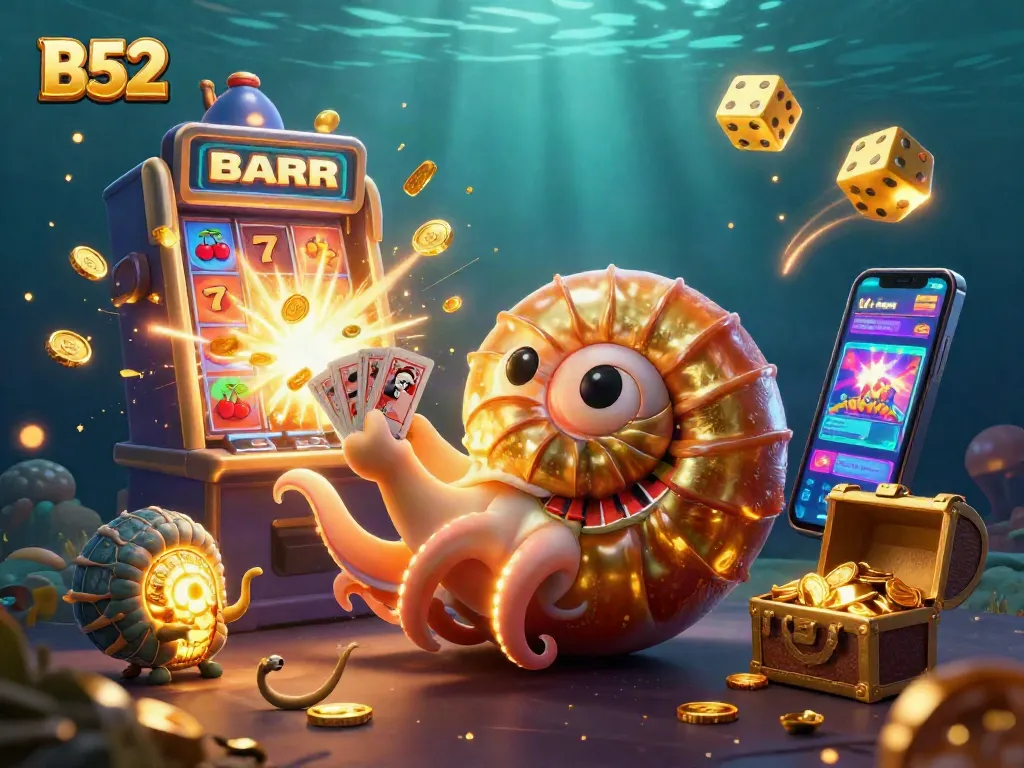 B52 game scene with an ancient nautilus roulette wheel, cards, and a slot machine jackpot explosion.
