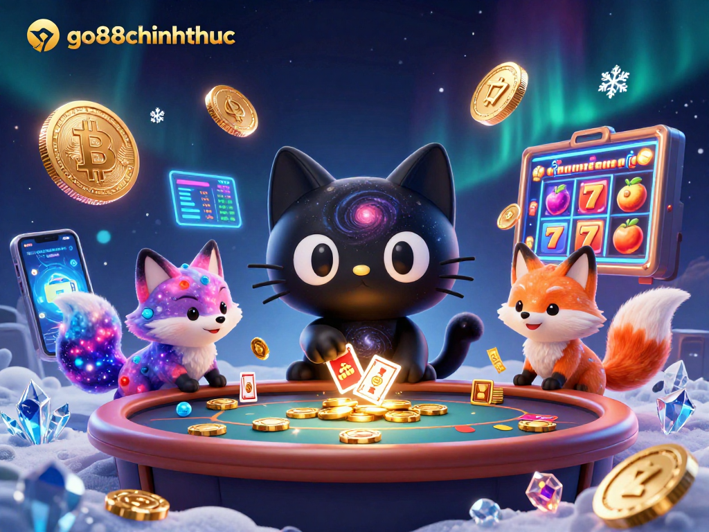 Engage with go88chinhthuc at a vibrant cosmic casino showcasing animated characters and cryptocurrency elements.