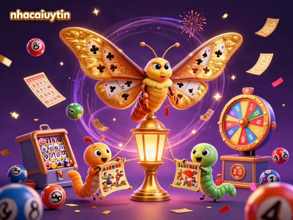 A dynamic scene portraying nhacaiuytin with a majestic golden moth, lottery elements, and festive confetti.