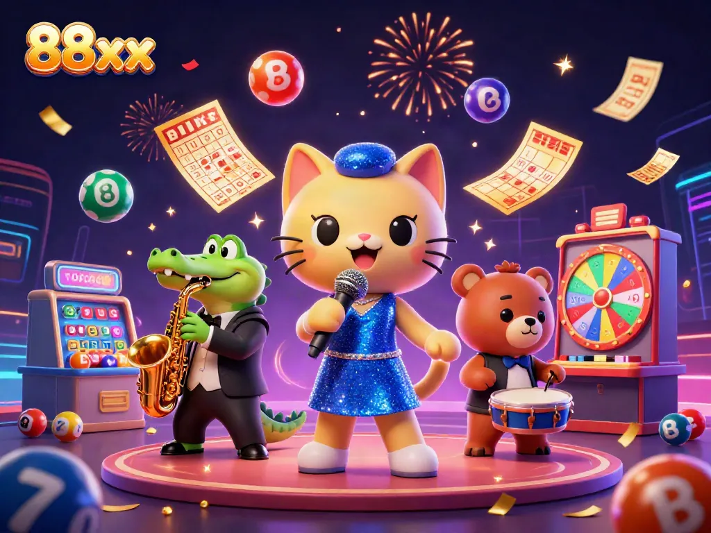 Experience vibrant excitement at 88xx with colorful lottery elements and cartoon characters in a casino scene.