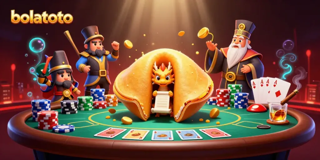 Experience thrilling bolatoto moments with a whimsical fortune cookie scene filled with poker elements.