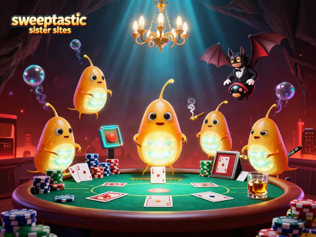 Sweeptastic sister sites illustrated with glowworms in a casino setting, showcasing vibrant poker elements.