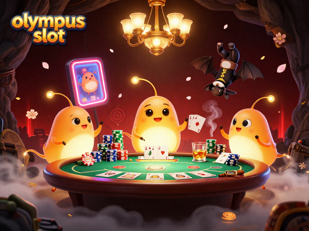 Mainkan olympus slot dengan suasana kasino yang meriah dan karakter lucu.