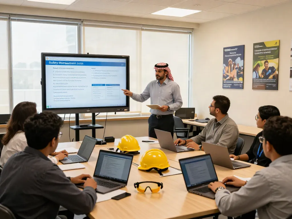 NVQ Level 6 in Saudi Arabia training session with professionals engaging in safety management education.