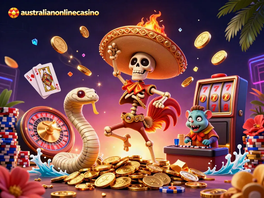 A lively australianonlinecasino scene with a dancing mariachi rooster, snake, and DJ hamster amidst casino elements.
