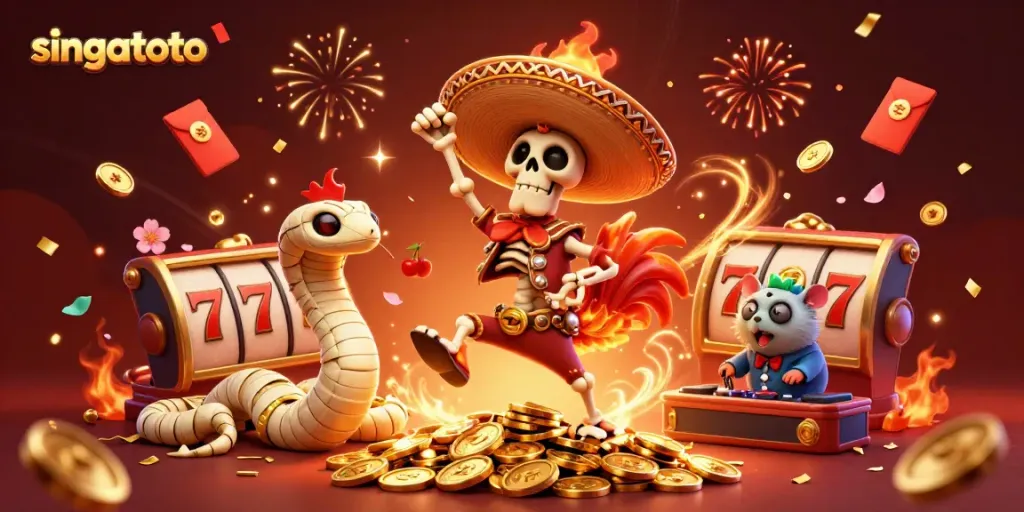 Experience thrilling gameplay with singatoto as a cartoon mariachi rooster celebrates over slots and golden coins.
