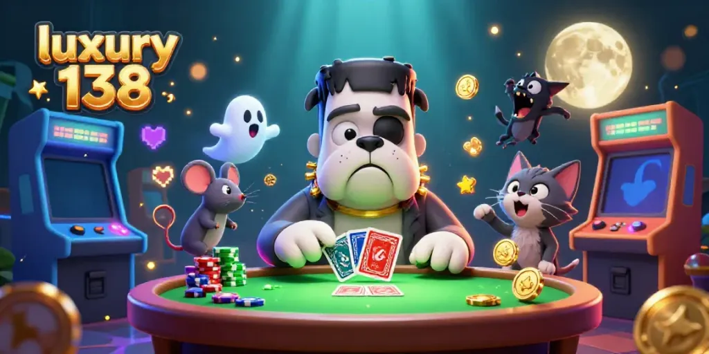 Engage with luxury 138 at a spooky casino table, featuring vibrant characters and gaming elements.