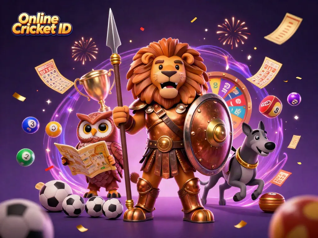 Experience Online Cricket ID with a dynamic scene of betting elements and characters in action.