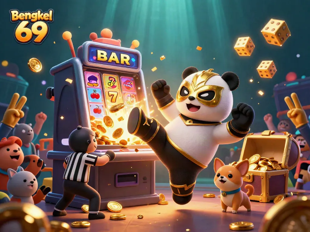 Bengkel 69 showcases a vibrant 3D scene featuring a champion panda wrestling, surrounded by casino game elements and jubilant spectators.