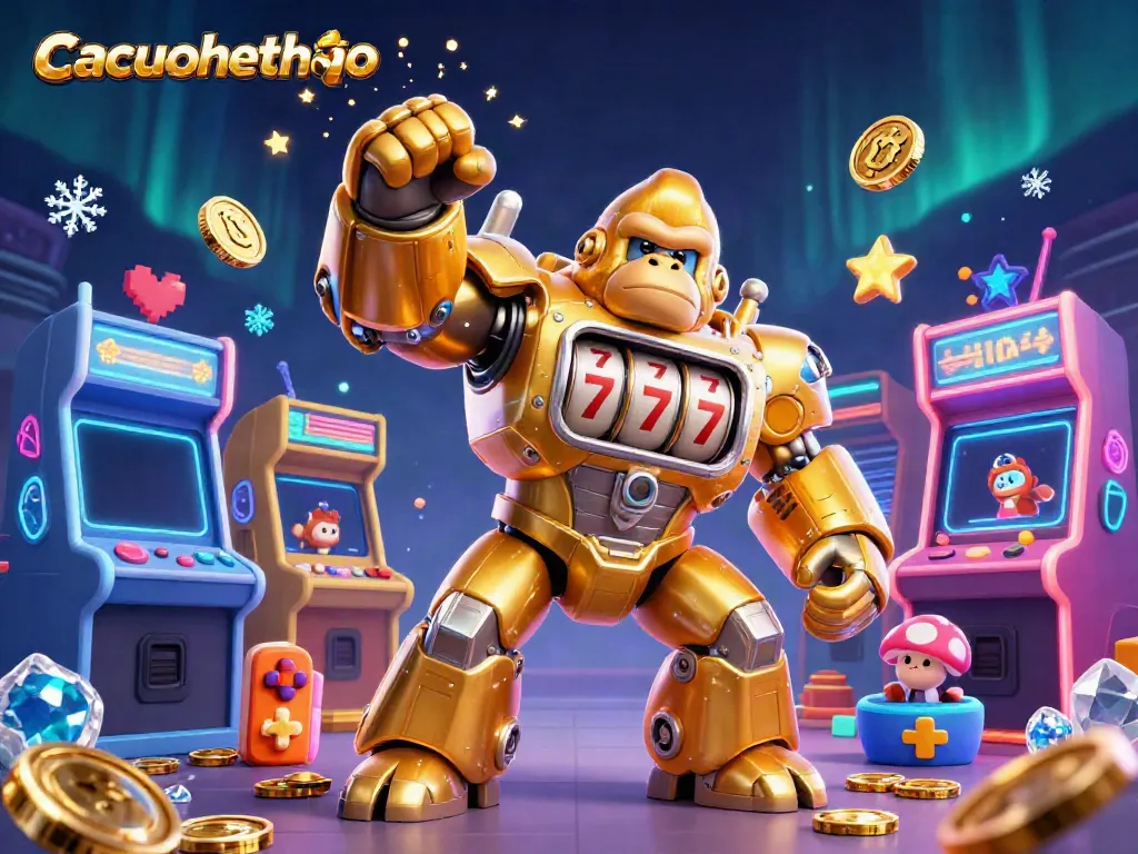 Cacuocthethao showcases a dynamic 3D illustration featuring a golden gorilla mech and vibrant gaming elements.