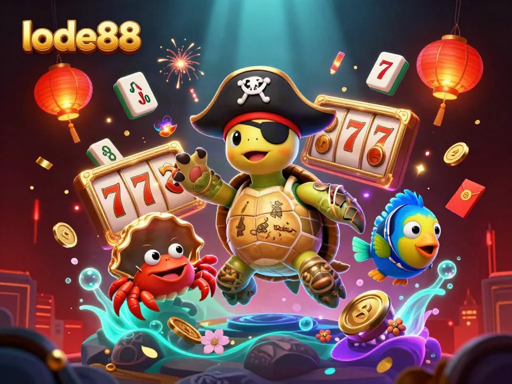 Experience the thrill of lode88 with a vibrant 3D casino scene filled with slot reels and dynamic characters.