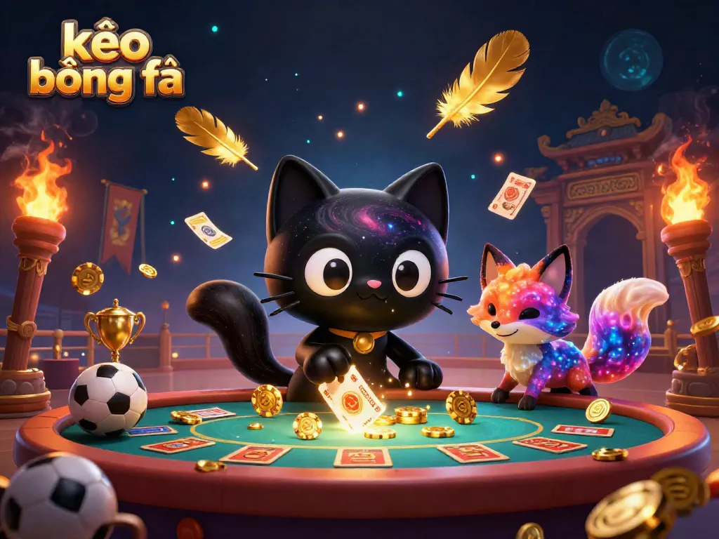 Experience kèo bóng đá excitement with a cosmic casino scene featuring a black hole cat and nebula fox.