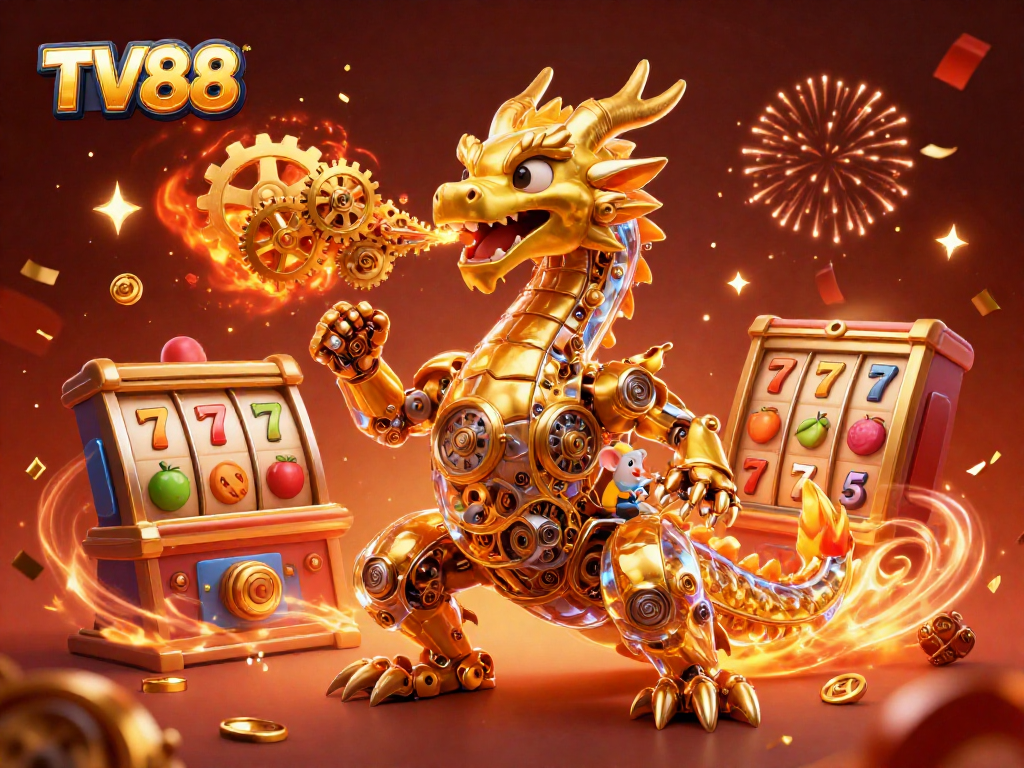 Experience the thrill of gaming at TV88 with a golden dragon and vibrant slot elements.