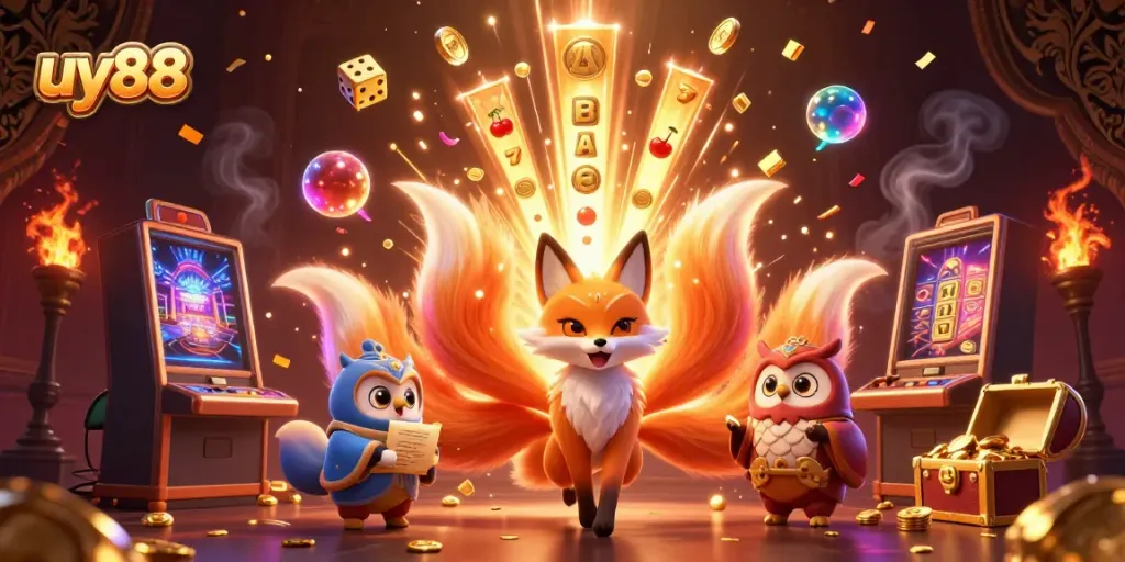 Experience the excitement of uy88 with a magical 3D casino scene full of spirit elements, slot machines, and colorful treasures.
