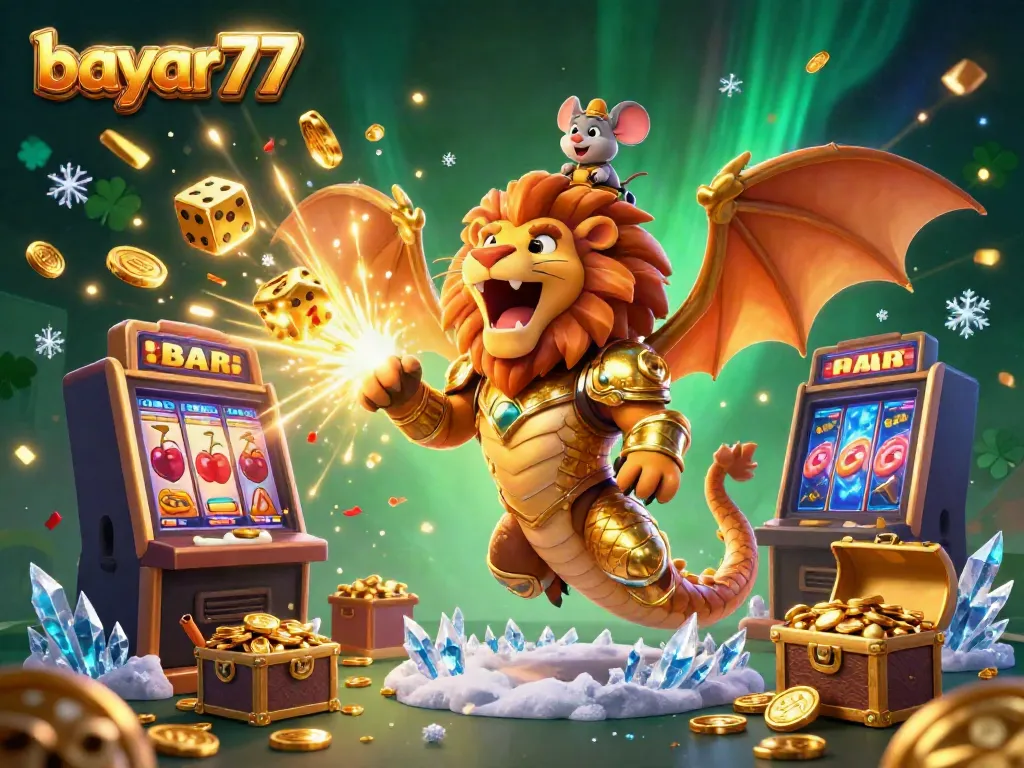 Experience thrilling jackpot excitement with bayar77, showcasing a golden chimera and vibrant casino elements.