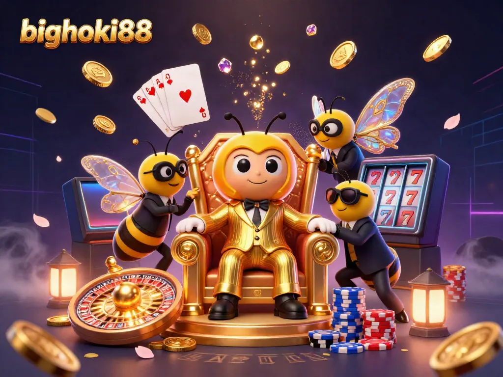 BIGHOKI88 menampilkan ilustrasi digital 3D menarik dengan bos lebah, pengawal, dan kupu-kupu dalam suasana kasino yang meriah.