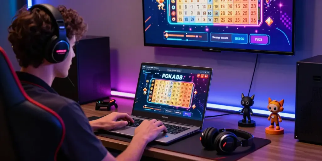 User engaging with POKA88 link login on a vibrant gaming setup featuring accessories and live results, creating an immersive experience.