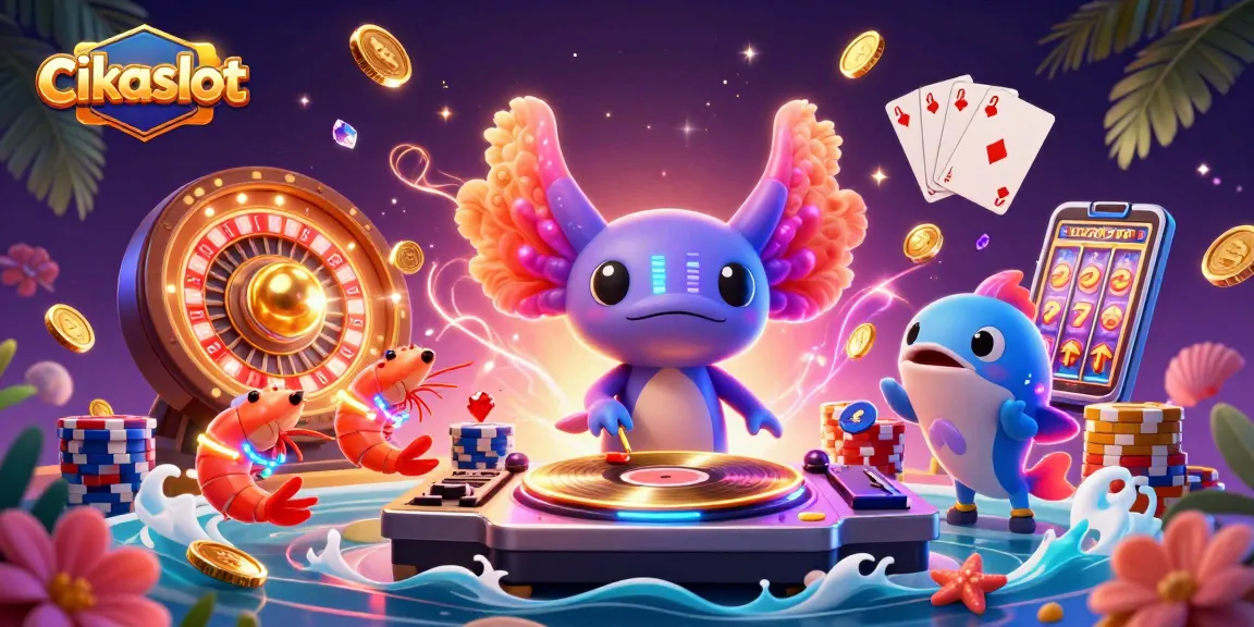 Cikaslot brings the excitement of casino entertainment with a dynamic axolotl DJ and colorful gaming elements.