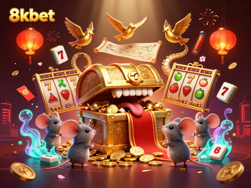 Experience the thrilling allure of 8kbet with vibrant casino elements and a treasure chest scene.