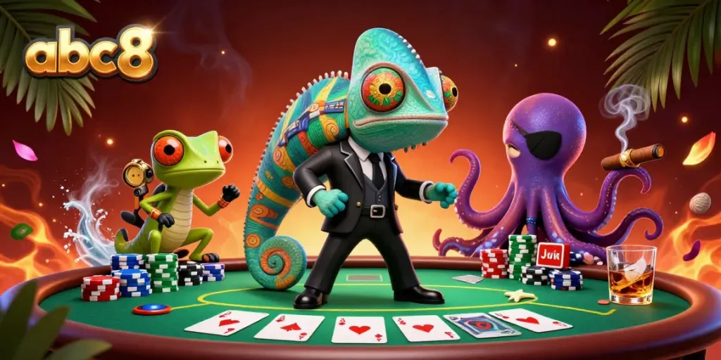 Experience thrilling poker action with abc8, as secret agent chameleon, gadget-gecko, and villainous octopus strategize.