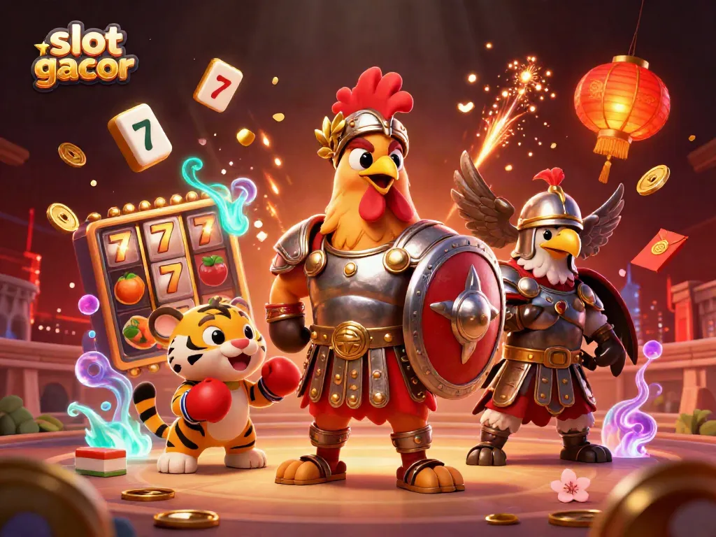 Menampilkan slot gacor yang membawa keberuntungan dengan simbol dan karakter mencolok di kasino.