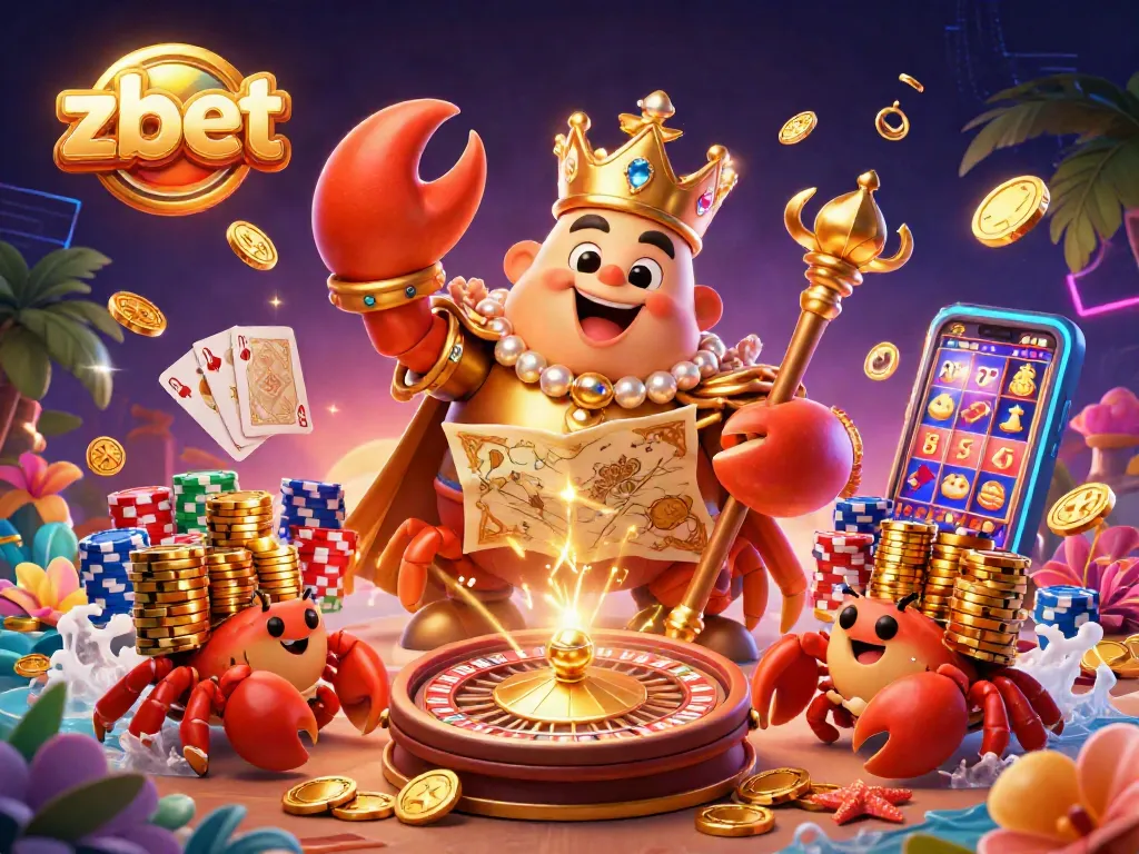 Win big at zbet with a vibrant 3D scene featuring a golden crab emperor amidst casino elements.