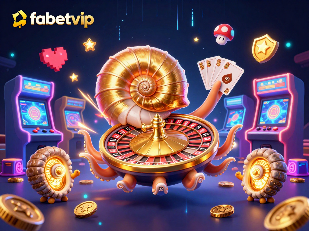 Experience excitement at fabetvip with a 3D illustration showcasing a giant nautilus roulette wheel and vibrant casino elements.