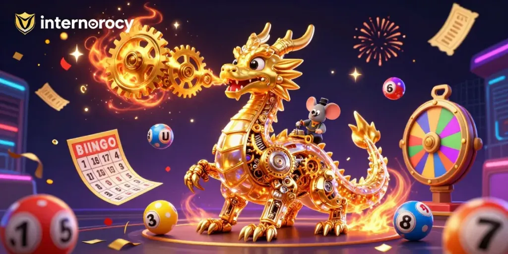 Internocracy showcases an engaging scene with a biomechanical dragon and vibrant casino elements.