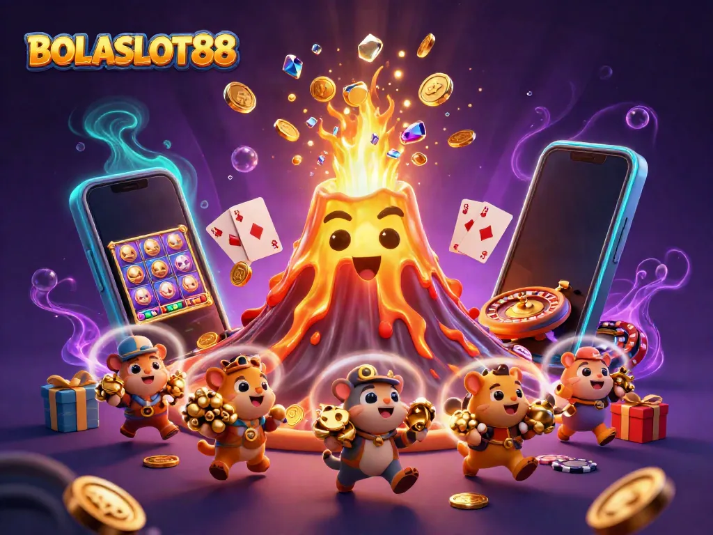 Experience the excitement of BOLASLOT88 with a dazzling volcano erupting gems and treasures while animals flee with winnings.